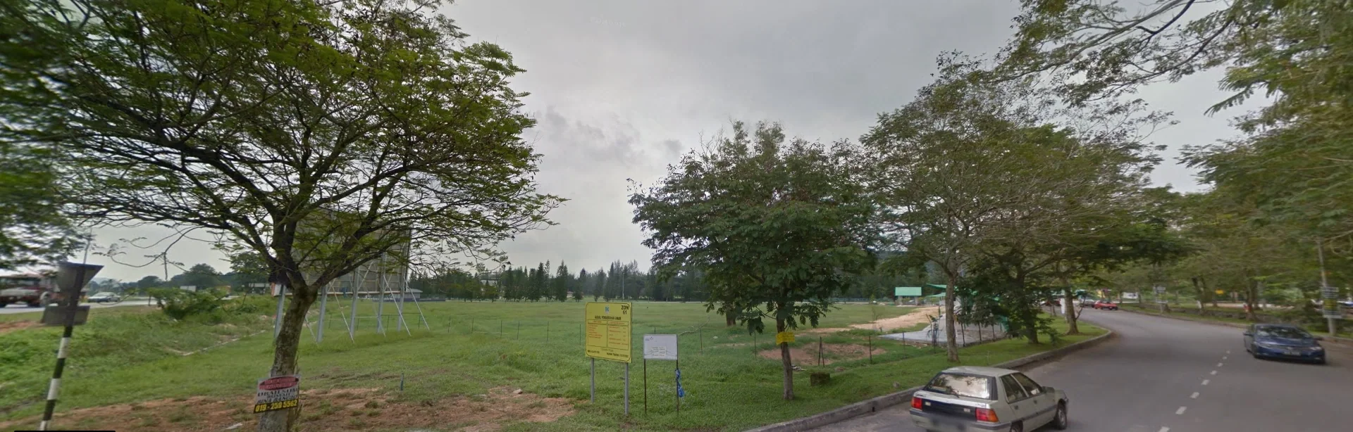 Mature roadside trees and the approach road beside the site